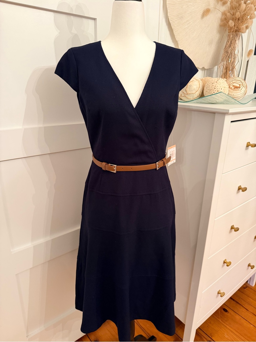 Anne Klein Navy Wrap-Style Midi Dress with Tan Belt
